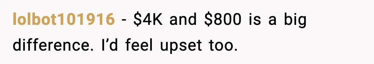 lolbot101916 - $4K and $800 is a big difference. I’d feel upset too.