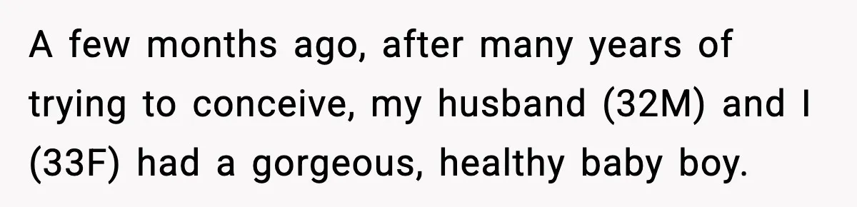 A few months ago, after many years of trying to conceive, my husband (32M) and I (33F) had a gorgeous, healthy baby boy.