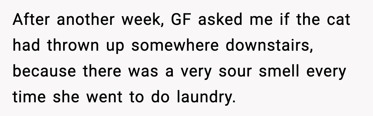 Sister’s Family Moved In After a Flood, Then Got Kicked Out for Total Disrespect After another week, GF asked me if the cat had thrown up somewhere downstairs, because there was a very sour smell every time she went to do laundry.