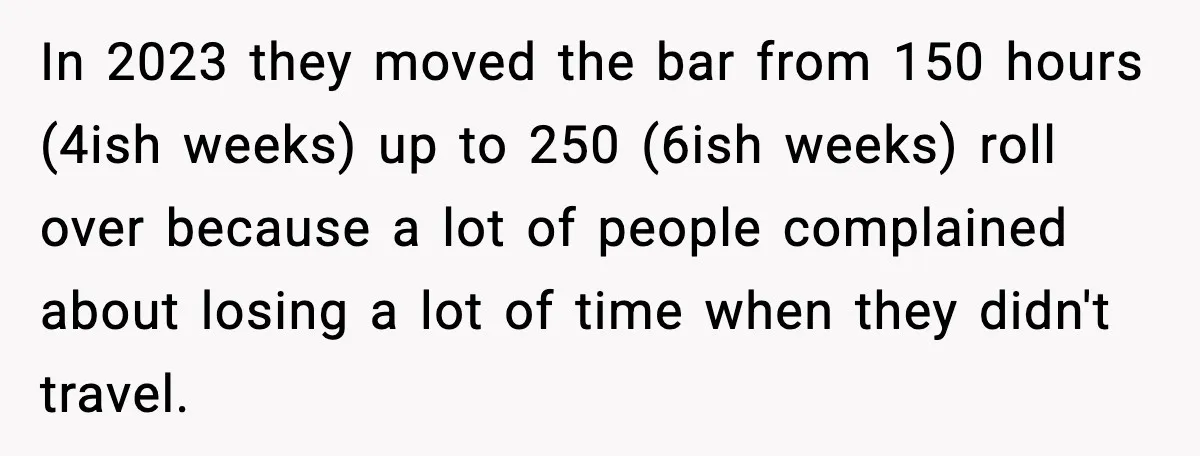 In 2023 they moved the bar from 150 hours (4ish weeks) up to 250 (6ish weeks) roll over because a lot of people complained about losing a lot of time...