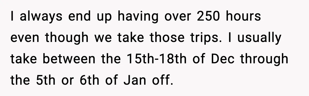 I always end up having over 250 hours even though we take those trips. I usually take between the 15th-18th of Dec through the 5th or 6th of Jan off.