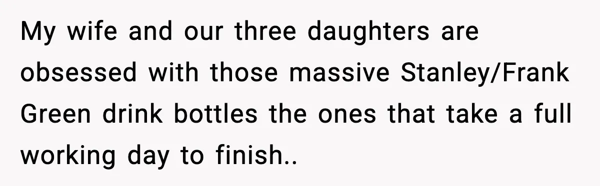 My wife and our three daughters are obsessed with those massive Stanley/Frank Green drink bottles the ones that take a full working day to finish..