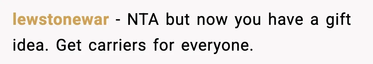 lewstonewar - NTA but now you have a gift idea. Get carriers for everyone.