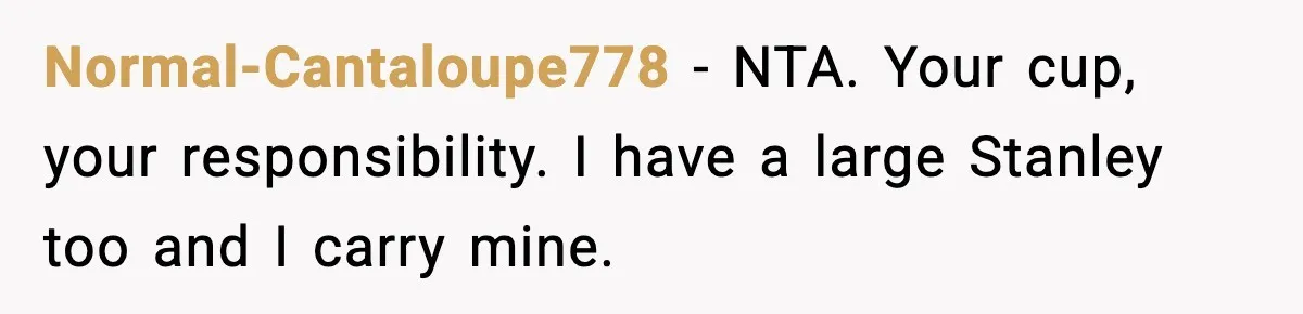 Normal-Cantaloupe778 − NTA. Your cup, your responsibility. I have a large Stanley too and I carry mine.