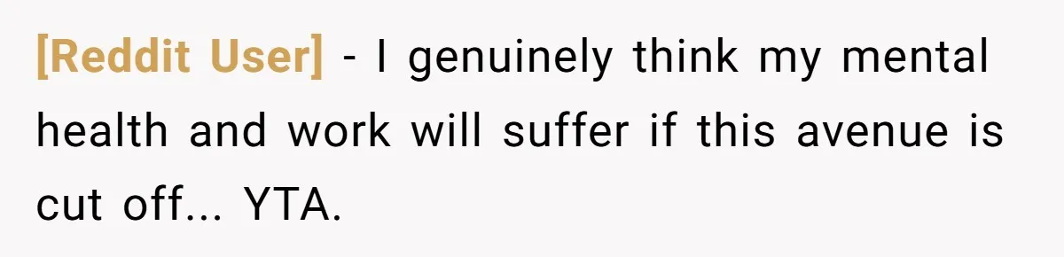 [Reddit User] − I genuinely think my mental health and work will suffer if this avenue is cut off... YTA.
