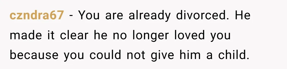 czndra67 − You are already divorced. He made it clear he no longer loved you because you could not give him a child.