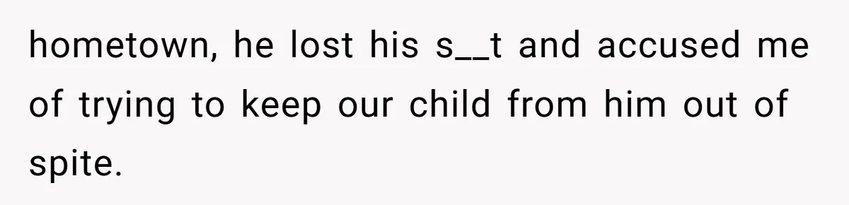 hometown, he lost his s__t and accused me of trying to keep our child from him out of spite.