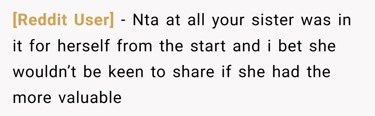 [Reddit User] − Nta at all your sister was in it for herself from the start and i bet she wouldn’t be keen to share if she had the more...