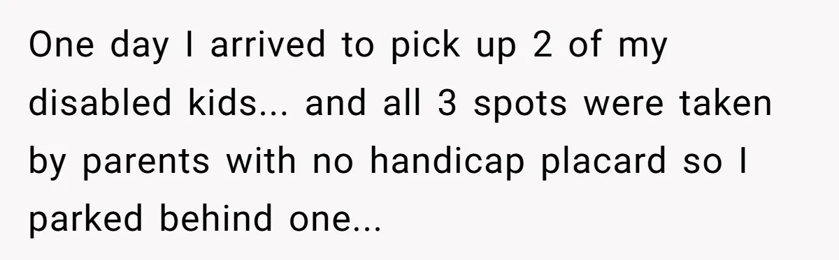 One day I arrived to pick up 2 of my disabled kids... and all 3 spots were taken by parents with no handicap placard so I parked behind one...