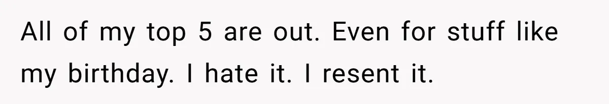 Teen Picked One Birthday Restaurant For Herself, Her Stepfamily Lost It Because Her Stepsiblings Couldn't Eat At All of my top 5 are out. Even for stuff like my birthday. I hate it. I resent it.