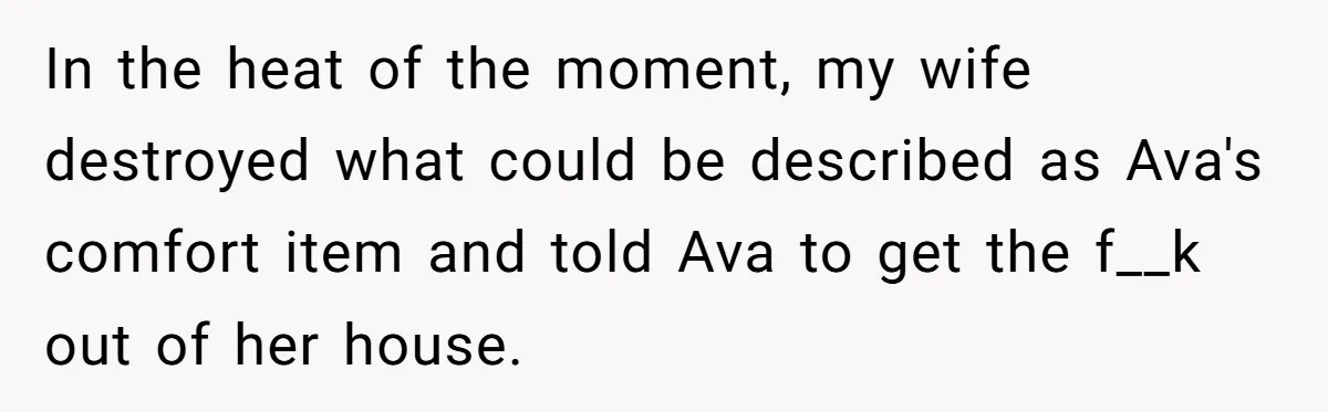 In the heat of the moment, my wife destroyed what could be described as Ava's comfort item and told Ava to get the f__k out of her house.
