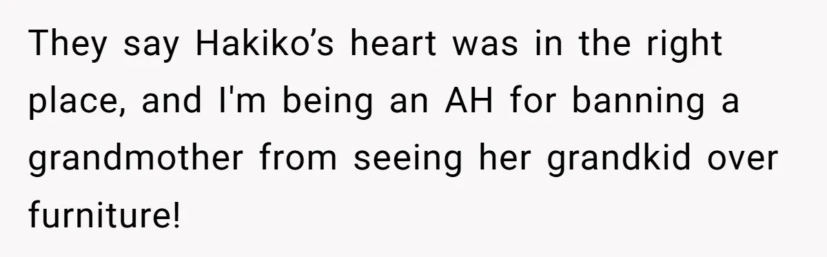 They say Hakiko’s heart was in the right place, and I'm being an AH for banning a grandmother from seeing her grandkid over furniture!