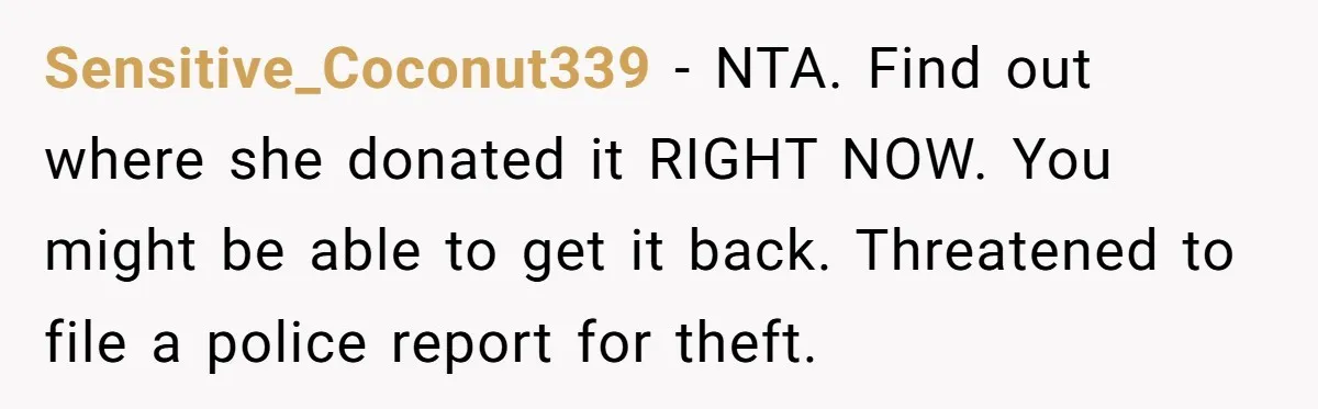 Sensitive_Coconut339 − NTA. Find out where she donated it RIGHT NOW. You might be able to get it back. Threatened to file a police report for theft.