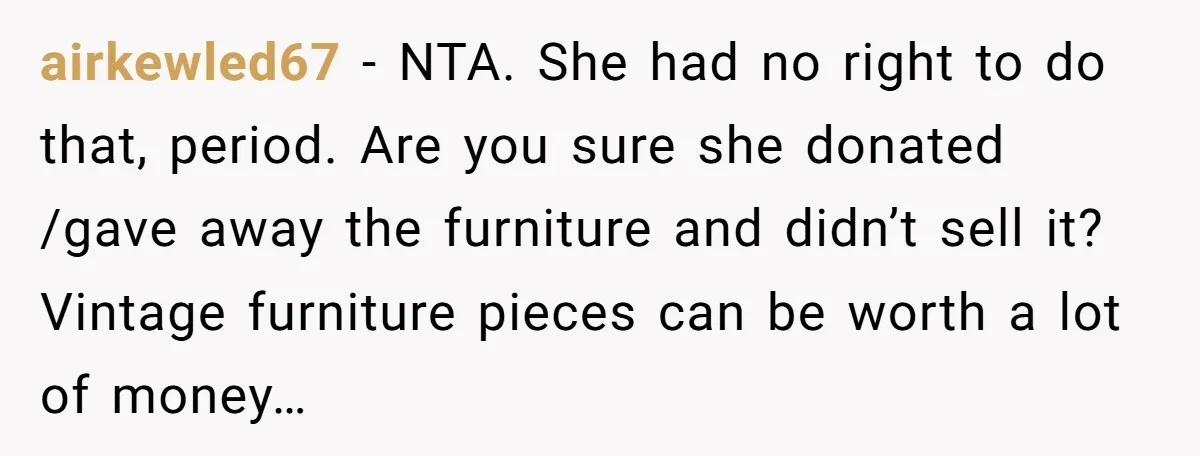 airkewled67 − NTA. She had no right to do that, period. Are you sure she donated /gave away the furniture and didn’t sell it? Vintage furniture pieces can be worth...
