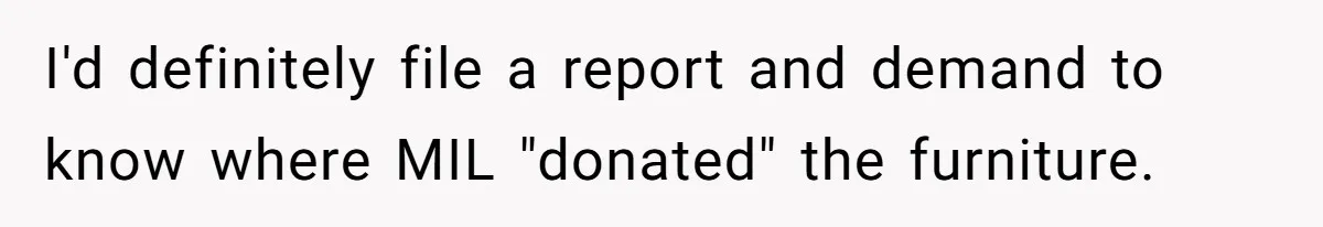 I'd definitely file a report and demand to know where MIL "donated" the furniture.