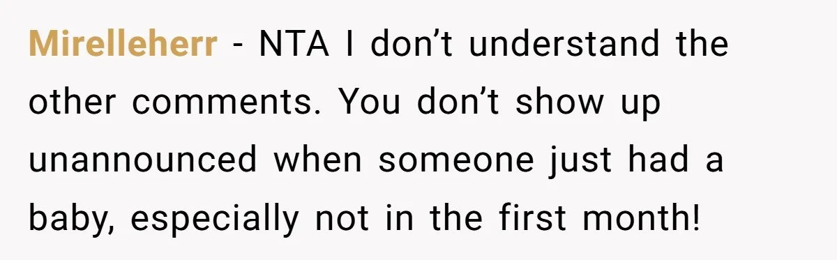 Mirelleherr − NTA I don’t understand the other comments. You don’t show up unannounced when someone just had a baby, especially not in the first month!