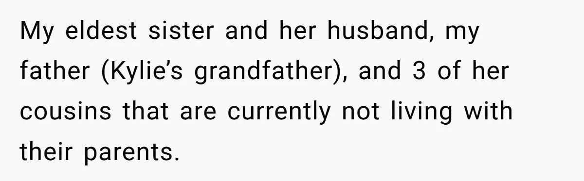Mom Chooses Between Loyal Daughter And Furious Extended Family Over Secret Relationship My eldest sister and her husband, my father (Kylie’s grandfather), and 3 of her cousins that are currently not living with their parents.
