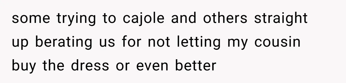 some trying to cajole and others straight up berating us for not letting my cousin buy the dress or even better