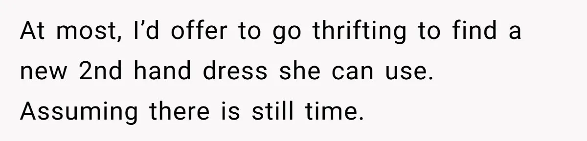 At most, I’d offer to go thrifting to find a new 2nd hand dress she can use. Assuming there is still time.