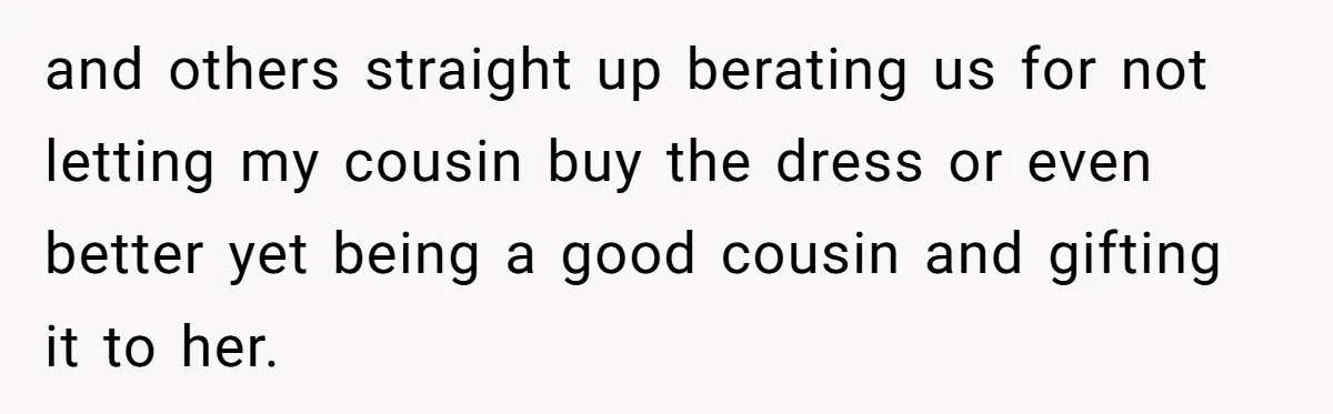 and others straight up berating us for not letting my cousin buy the dress or even better yet being a good cousin and gifting it to her.