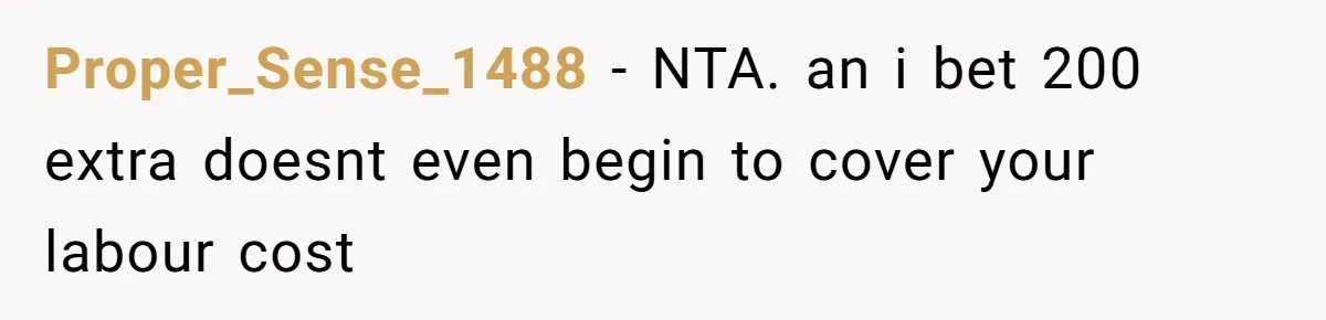 Proper_Sense_1488 − NTA. an i bet 200 extra doesnt even begin to cover your labour cost
