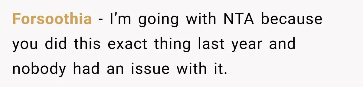 Forsoothia − I’m going with NTA because you did this exact thing last year and nobody had an issue with it.