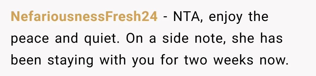 NefariousnessFresh24 − NTA, enjoy the peace and quiet. On a side note, she has been staying with you for two weeks now.