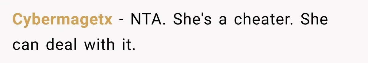 Cybermagetx − NTA. She's a cheater. She can deal with it.