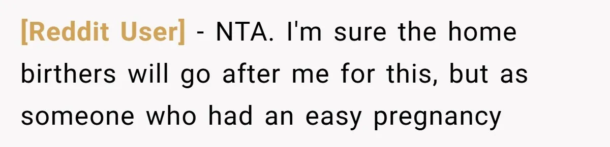 [Reddit User] − NTA. I'm sure the home birthers will go after me for this, but as someone who had an easy pregnancy