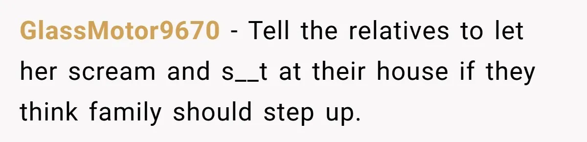 GlassMotor9670 − Tell the relatives to let her scream and s__t at their house if they think family should step up.