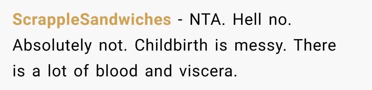 ScrappleSandwiches − NTA. Hell no. Absolutely not. Childbirth is messy. There is a lot of blood and viscera.