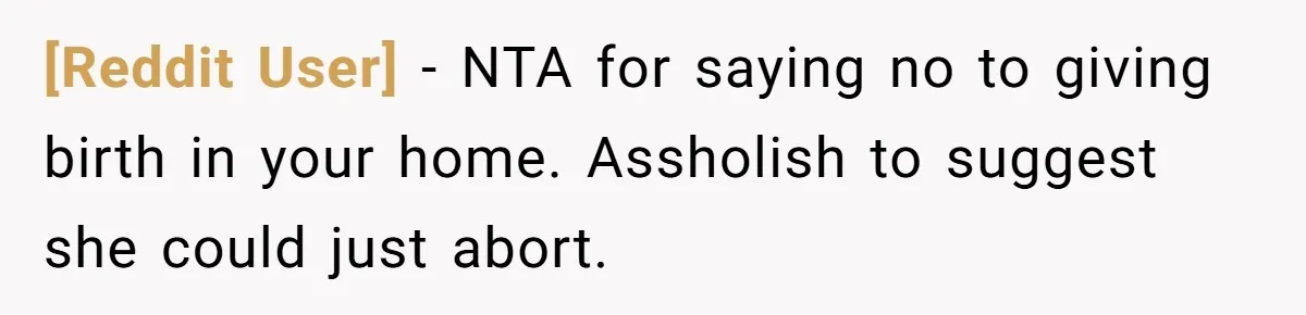 [Reddit User] − NTA for saying no to giving birth in your home. Assholish to suggest she could just abort.