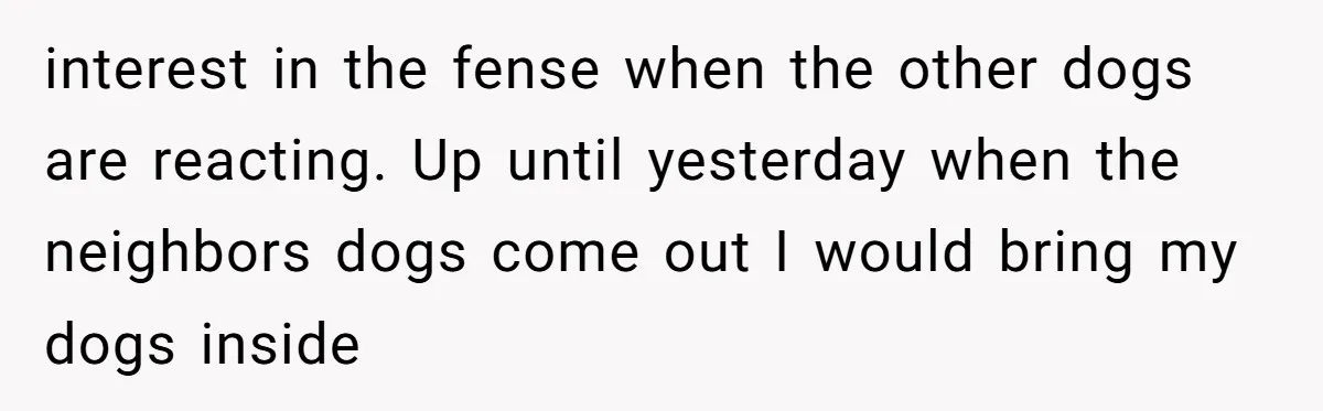 interest in the fense when the other dogs are reacting. Up until yesterday when the neighbors dogs come out I would bring my dogs inside