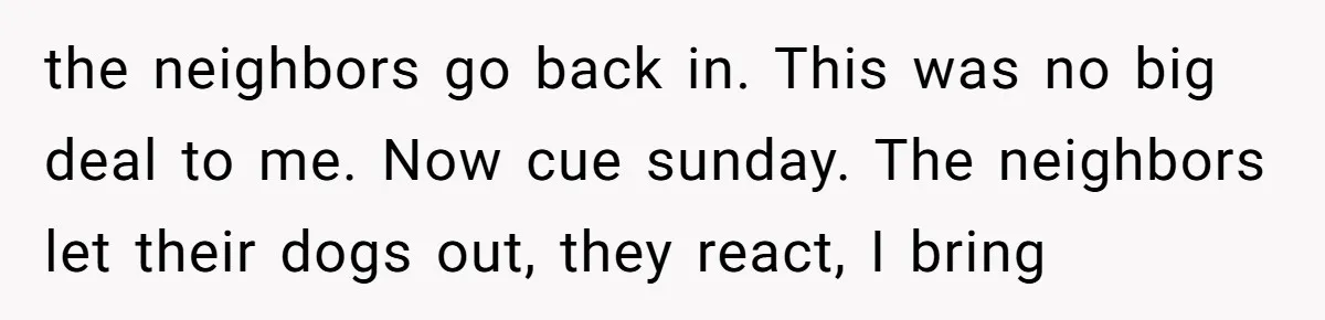 the neighbors go back in. This was no big deal to me. Now cue sunday. The neighbors let their dogs out, they react, I bring
