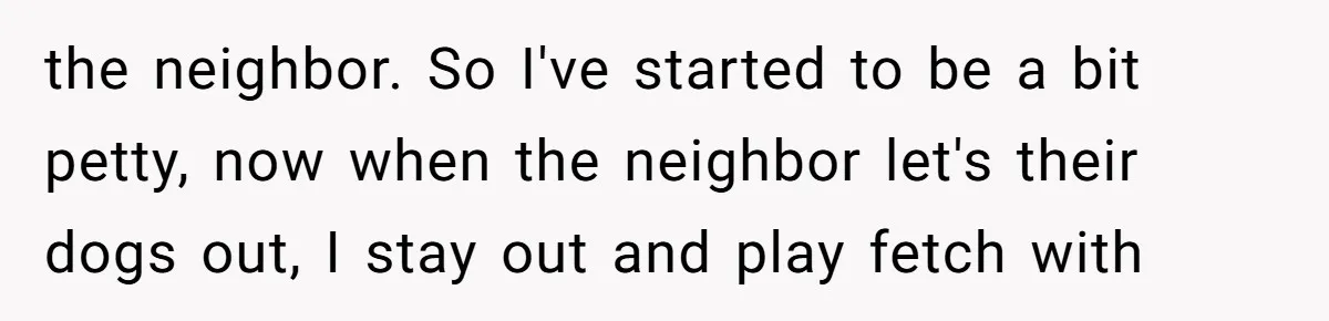 the neighbor. So I've started to be a bit petty, now when the neighbor let's their dogs out, I stay out and play fetch with