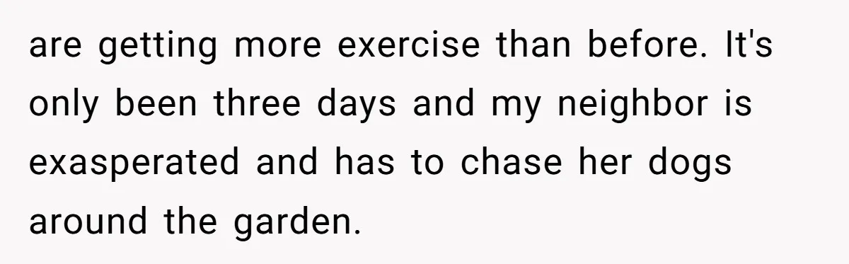 are getting more exercise than before. It's only been three days and my neighbor is exasperated and has to chase her dogs around the garden.