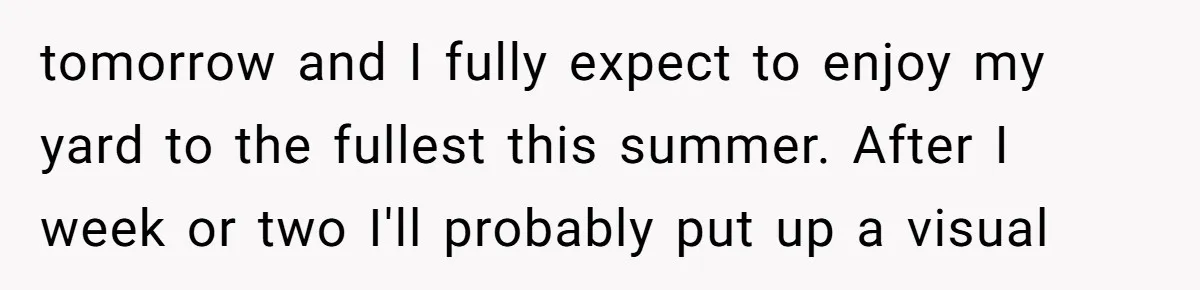 tomorrow and I fully expect to enjoy my yard to the fullest this summer. After I week or two I'll probably put up a visual