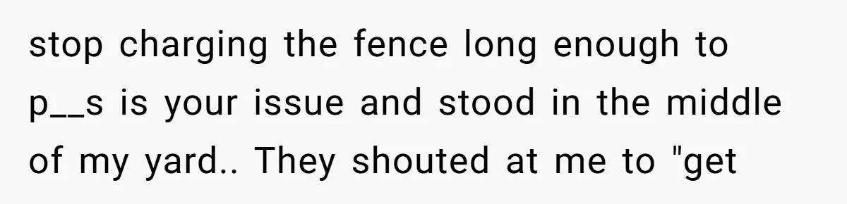 stop charging the fence long enough to p__s is your issue and stood in the middle of my yard.. They shouted at me to "get