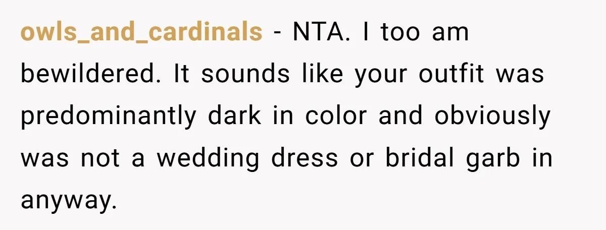 owls_and_cardinals − NTA. I too am bewildered. It sounds like your outfit was predominantly dark in color and obviously was not a wedding dress or bridal garb in anyway.