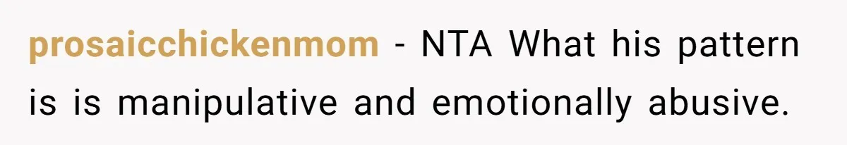 prosaicchickenmom − NTA What his pattern is is manipulative and emotionally abusive.