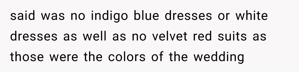 said was no indigo blue dresses or white dresses as well as no velvet red suits as those were the colors of the wedding