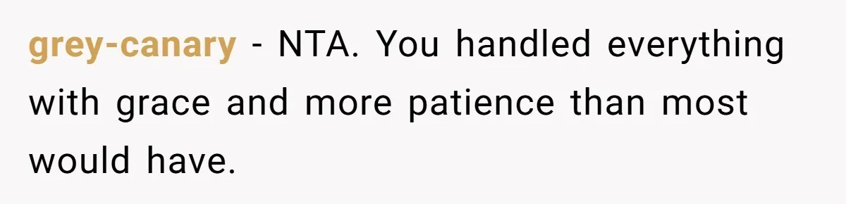 grey-canary − NTA. You handled everything with grace and more patience than most would have.