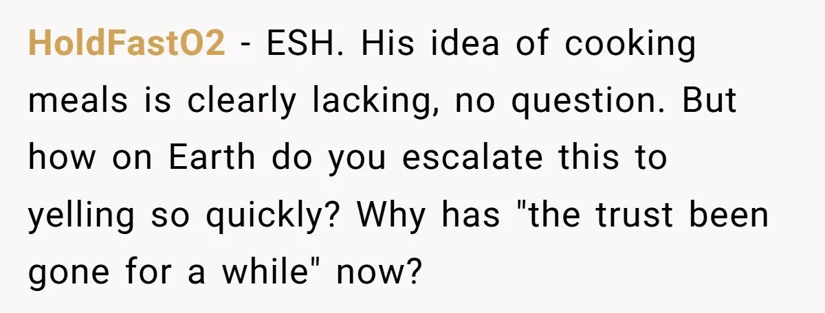 HoldFastO2 - ESH. His idea of cooking meals is clearly lacking, no question. But how on Earth do you escalate this to yelling so quickly? Why has "the trust been...
