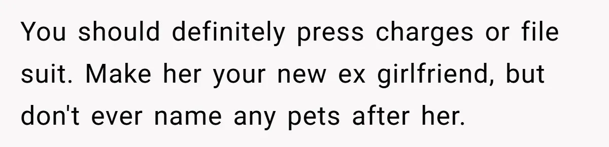 You should definitely press charges or file suit. Make her your new ex girlfriend, but don't ever name any pets after her.