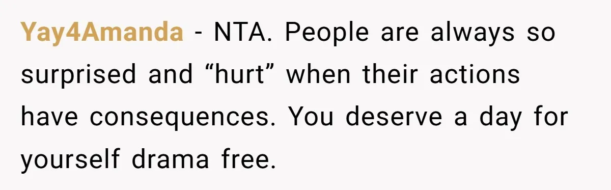 Yay4Amanda − NTA. People are always so surprised and “hurt” when their actions have consequences. You deserve a day for yourself drama free.