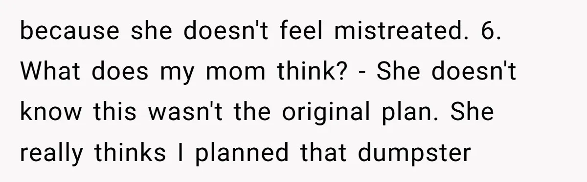 Stepdaughter Rescues Her Mom’s 40th Birthday After Stepdad Schedules the Party on the Wrong Day because she doesn't feel mistreated. 6. What does my mom think? - She doesn't know this wasn't the original plan. She really thinks I planned that dumpster