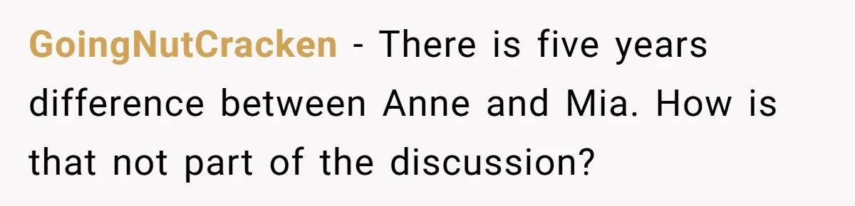 GoingNutCracken − There is five years difference between Anne and Mia. How is that not part of the discussion?