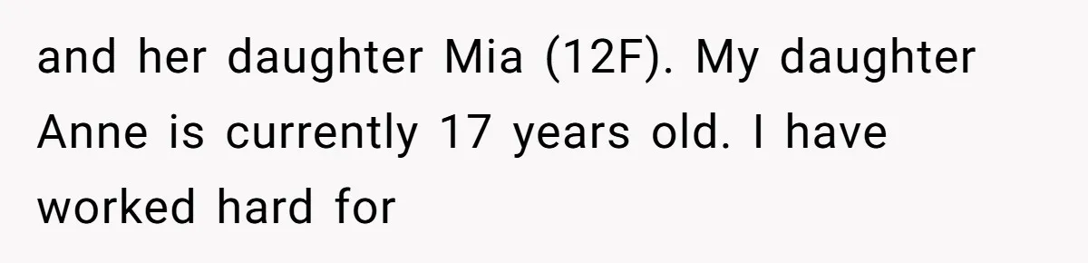 and her daughter Mia (12F). My daughter Anne is currently 17 years old. I have worked hard for