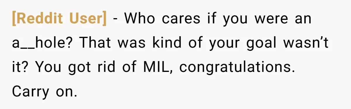 [Reddit User] − Who cares if you were an a__hole? That was kind of your goal wasn’t it? You got rid of MIL, congratulations. Carry on.