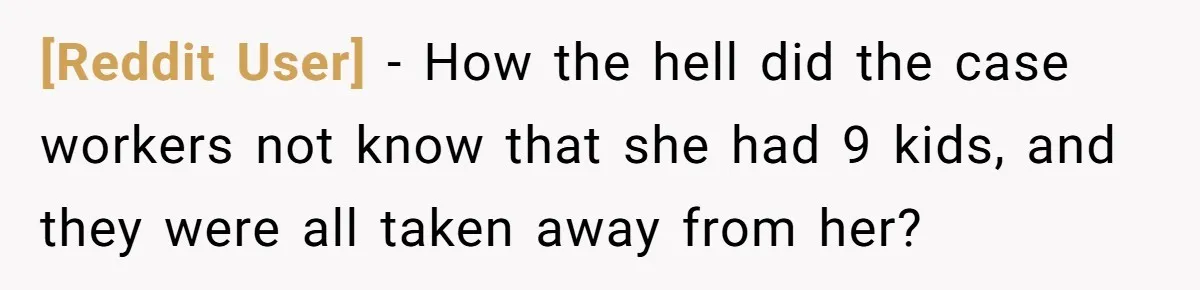 [Reddit User] − How the hell did the case workers not know that she had 9 kids, and they were all taken away from her?